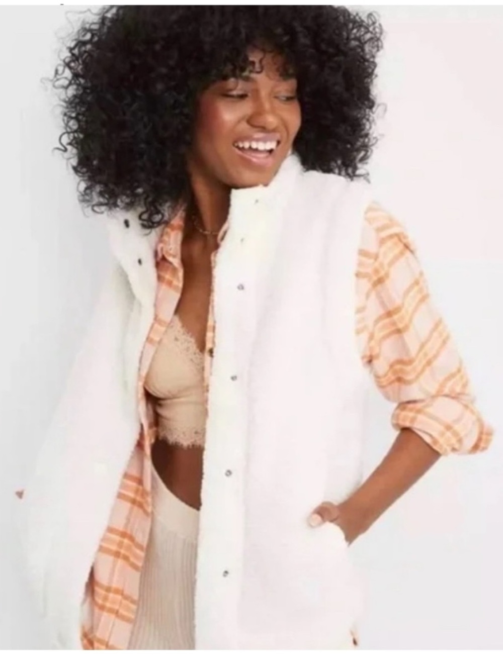 aerie White Sherpa Snap-Front Vest